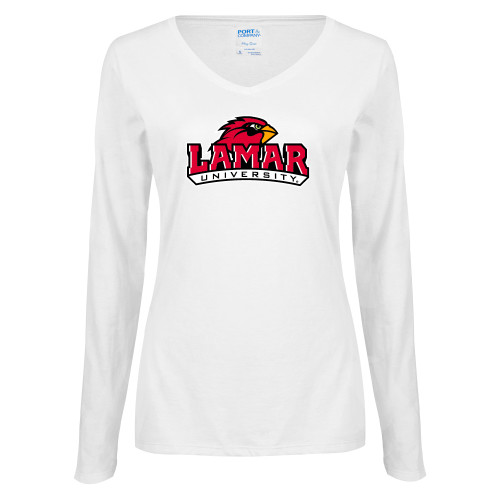 Lamar Womens White Long Sleeve V Neck T