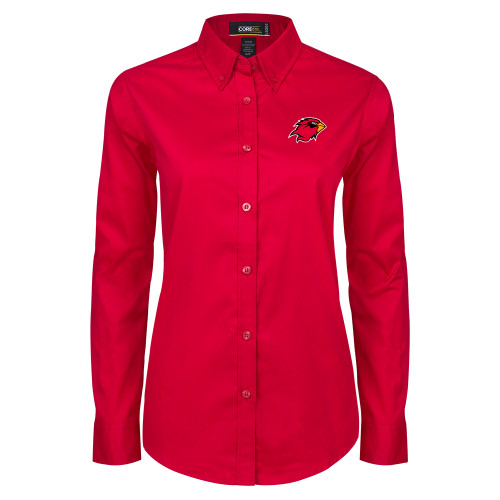  Womens Red Twill Button Down Long Sleeve  - Cardinal Head