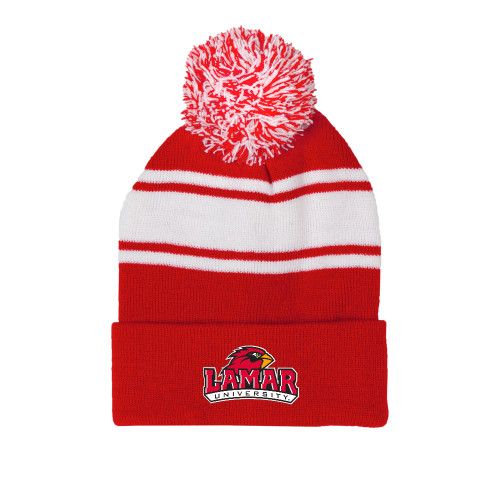  Red/White Two Tone Knit Pom Beanie w/Cuff - Primary Mark
