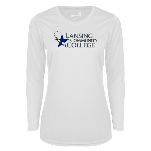  Womens White Performance Long Sleeve V Neck Shirt - Primary Mark
