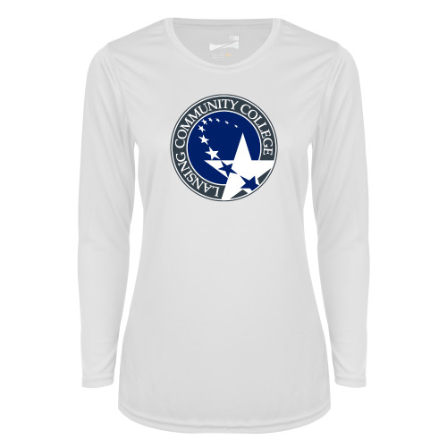 Lansing Comm College Womens White Performance Long Sleeve V Neck Shirt