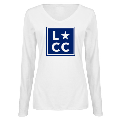  Womens White Long Sleeve V Neck Tee  - LCC Square Star