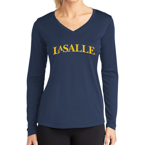  Womens Navy Performance Long Sleeve V Neck Shirt - One Color Wordmark