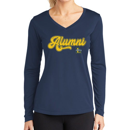  Womens Navy Performance Long Sleeve V Neck Shirt - Alumni Script
