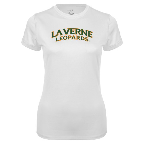  Womens White Performance Tee - University of La Verne  Leopards Arched