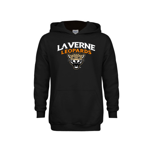  Youth Black Fleece Hoodie - University of La Verne  Leopards Arched with Mascot Stacked