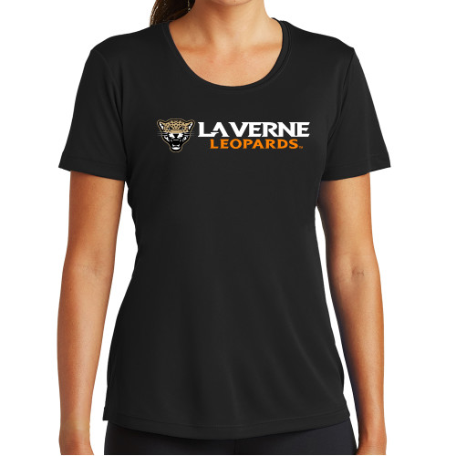 Womens Black Performance Tee - University of La Verne Leopards with Mascot Flat