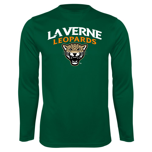  Dark Green Performance Long Sleeve Shirt - University of La Verne  Leopards Arched with Mascot Stacked