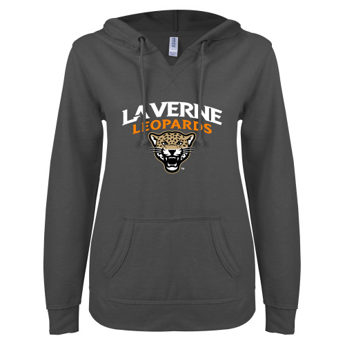  ENZA Womens Dark Heather V Notch Raw Edge Fleece Hoodie - University of La Verne  Leopards Arched with Mascot Stacked