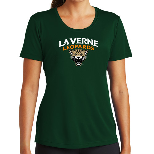  Womens Dark Green Performance Short Sleeve Tee - University of La Verne  Leopards Arched with Mascot Stacked