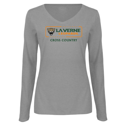  Womens Grey Long Sleeve V Neck Tee  - La Verne Leopards Cross Country