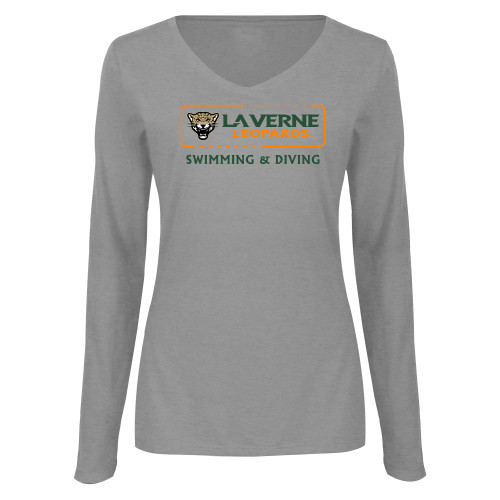  Womens Grey Long Sleeve V Neck Tee  - La Verne Leopards Swimming and Diving