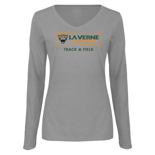  Womens Grey Long Sleeve V Neck Tee  - La Verne Leopards Track and Field