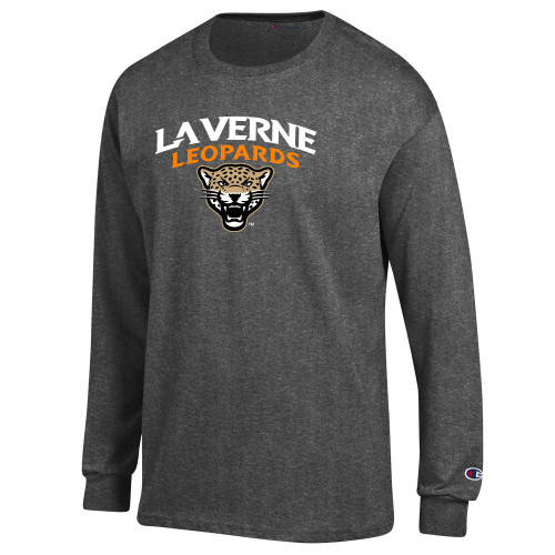  Champion Granite Heather Long Sleeve T Shirt - University of La Verne  Leopards Arched with Mascot Stacked