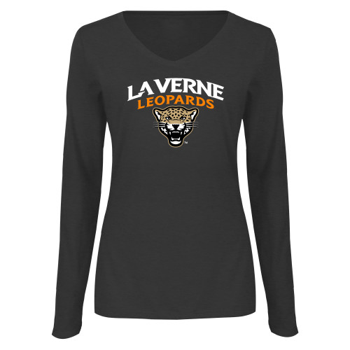  Womens Dark Heather Long Sleeve V Neck Tee  - University of La Verne  Leopards Arched with Mascot Stacked