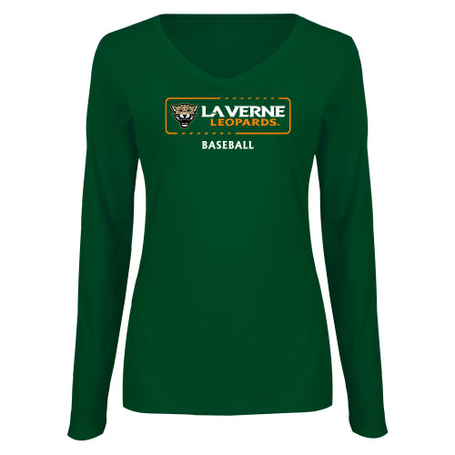  Womens Dark Green Long Sleeve V Neck Tee  - La Verne Leopards Baseball