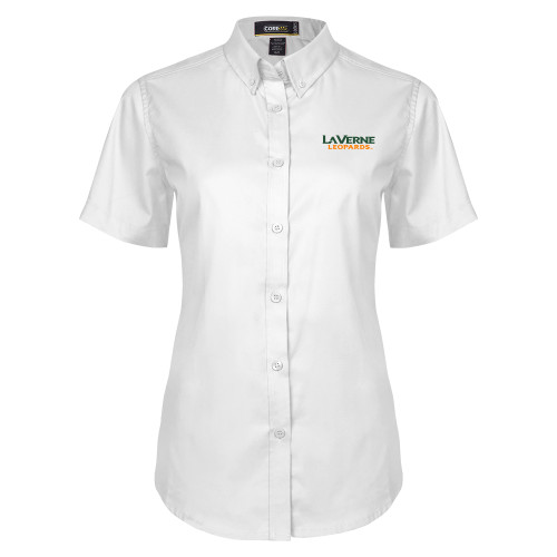  Womens White Twill Button Up Short Sleeve - University of La Verne  Leopards Wordmark Flat