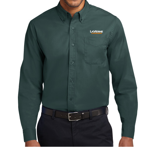  Dark Green Twill Button Down Long Sleeve - University of La Verne  Leopards Wordmark Flat
