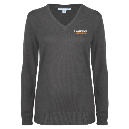  Womens Charcoal Heather VNeck Sweater  - University of La Verne  Leopards Wordmark Flat