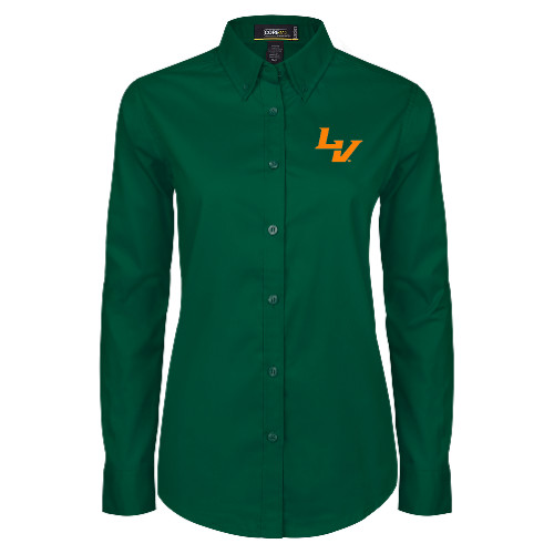  Womens Dark Green Twill Button Down Long Sleeve  - University of La Verne  LV Mark