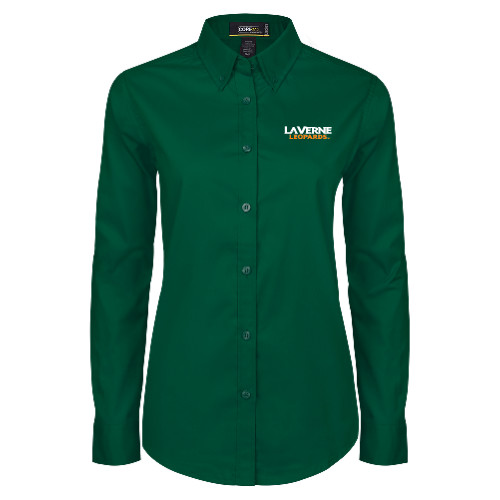  Womens Dark Green Twill Button Down Long Sleeve  - University of La Verne  Leopards Wordmark Flat