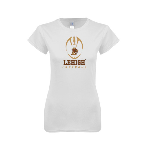  Next Level Womens White Boyfriend Tee - Lehigh Football Stacked w/Ball