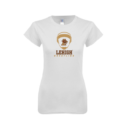  Next Level Womens White Boyfriend Tee - Lehigh Wrestling Stacked w/Headgear