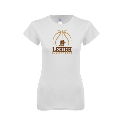  Next Level Womens White Boyfriend Tee - Lehigh Basketball Stacked w/Ball