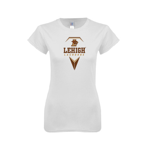  Next Level Womens White Boyfriend Tee - Lehigh Lacrosse Stacked w/Stick Head