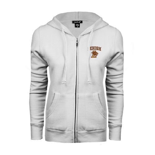  ENZA Womens White Fleece Full Zip Hoodie - Official Logo