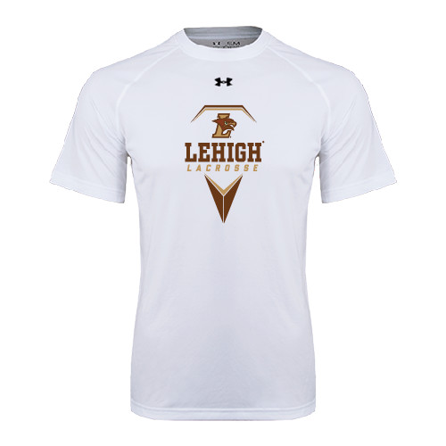  Under Armour White Tech Tee - Lehigh Lacrosse Stacked w/Stick Head