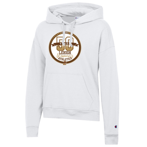  Champion Womens White Powerblend Pullover Hood - Lehigh Womens Athletics 50 Years