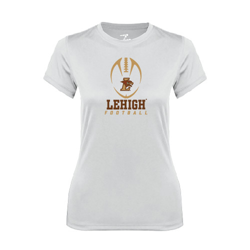  Womens White Performance Tee - Lehigh Football Stacked w/Ball