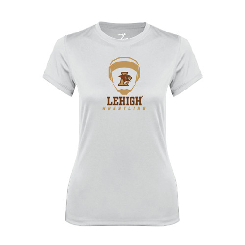  Womens White Performance Tee - Lehigh Wrestling Stacked w/Headgear