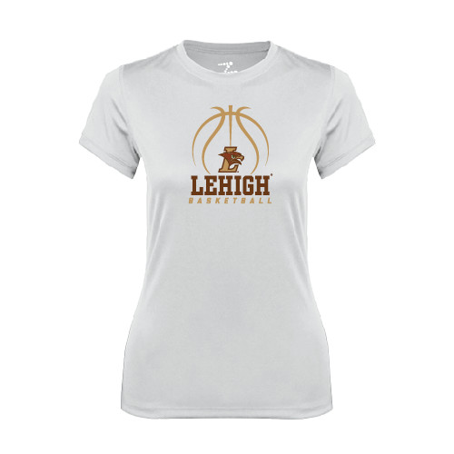  Womens White Performance Tee - Lehigh Basketball Stacked w/Ball