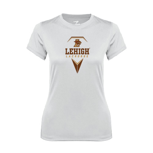  Womens White Performance Tee - Lehigh Lacrosse Stacked w/Stick Head