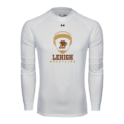  Under Armour White Long Sleeve Tech Tee - Lehigh Wrestling Stacked w/Headgear