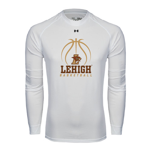  Under Armour White Long Sleeve Tech Tee - Lehigh Basketball Stacked w/Ball