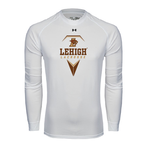  Under Armour White Long Sleeve Tech Tee - Lehigh Lacrosse Stacked w/Stick Head