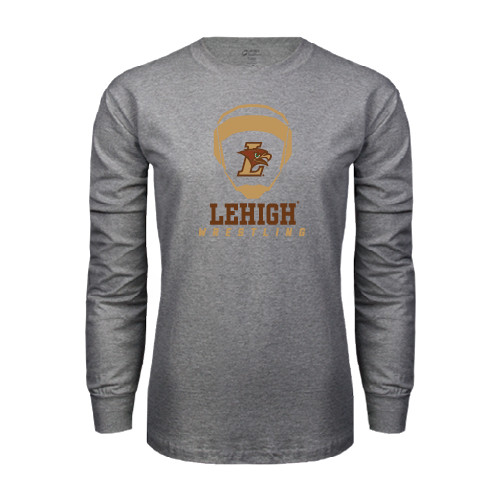  Grey Long Sleeve T Shirt - Lehigh Wrestling Stacked w/Headgear