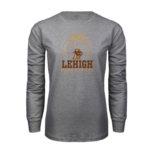  Grey Long Sleeve T Shirt - Lehigh Basketball Stacked w/Ball