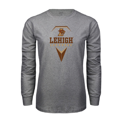  Grey Long Sleeve T Shirt - Lehigh Lacrosse Stacked w/Stick Head