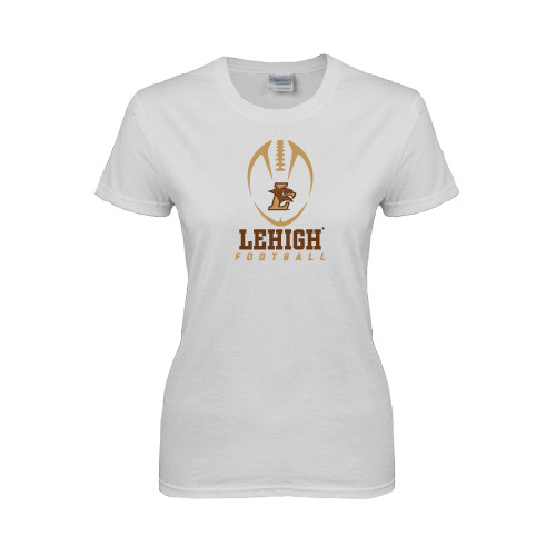  Womens White Short Sleeve Tee - Lehigh Football Stacked w/Ball