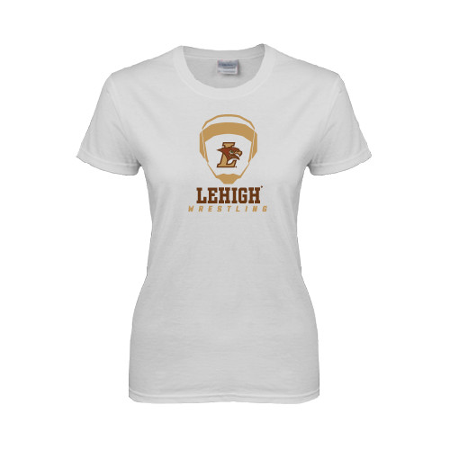  Womens White Short Sleeve Tee - Lehigh Wrestling Stacked w/Headgear