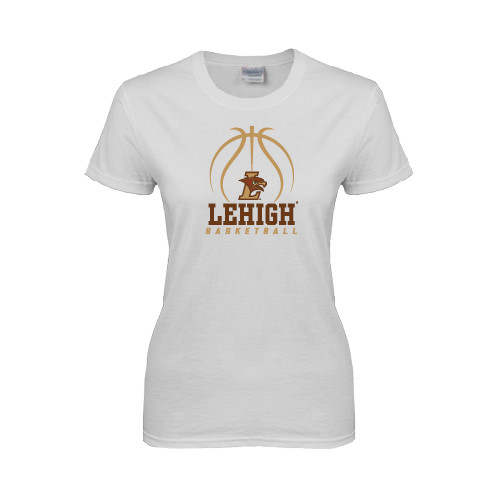  Womens White Short Sleeve Tee - Lehigh Basketball Stacked w/Ball