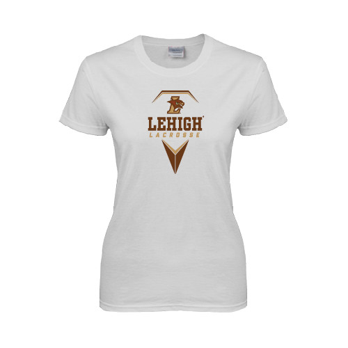  Womens White Short Sleeve Tee - Lehigh Lacrosse Stacked w/Stick Head