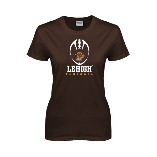  Womens Short Sleeve Brown Tee - Lehigh Football Stacked w/Ball