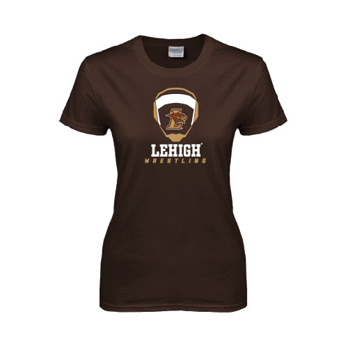  Womens Short Sleeve Brown Tee - Lehigh Wrestling Stacked w/Headgear