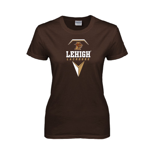  Womens Short Sleeve Brown Tee - Lehigh Lacrosse Stacked w/Stick Head