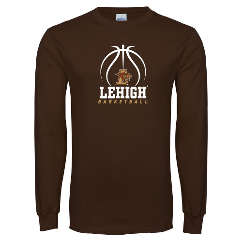  Brown Long Sleeve T Shirt - Lehigh Basketball Stacked w/Ball